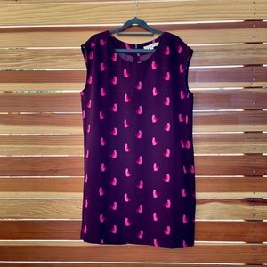 Used purple pink sleeveless cat print shift dress by Ann Taylor, size LP